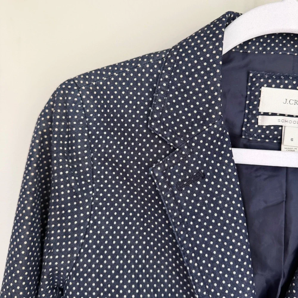 J. Crew Women's Schoolboy Blazer Blue White Polkadot Preppy Academia Cotton SZ 6